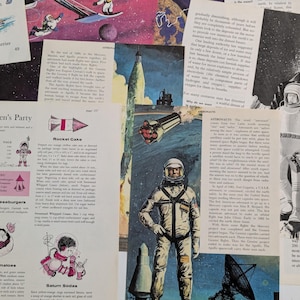 May include: A collage of vintage book pages featuring space-themed illustrations and text. Visible elements include an astronaut in a white suit, a rocket launch, a satellite, and a page titled Spacemen's Party with recipes for Sputnik Cheeseburgers.