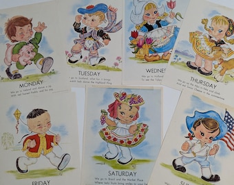 1968 Bulletin Board Posters - Set of 7 - Days of the Week - Atrelle Dill Illustrations