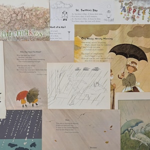 May include: A collection of vintage-style paper prints featuring various illustrations and poems about rain. The prints include depictions of people with umbrellas, a bird in the rain, and text such as Rain makes, St. Swithin's Day, and One Misty, Moisty Morning.