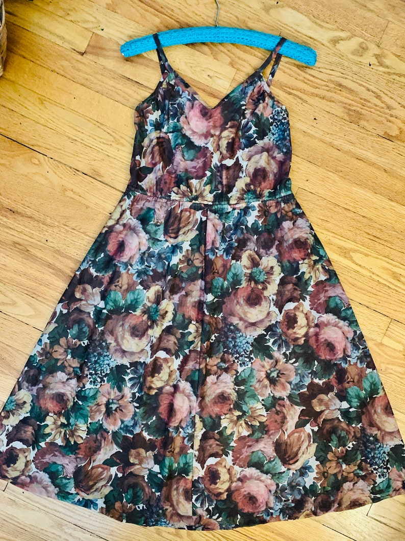 Vintage 70s Dark Floral PHASE II Folk Dress sz S M Sheer Photo Print Midi Dress Fairy Prairie Slip Dress Boho Disco Fantasy