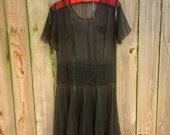 Vintage 1920s ooak Sheer Black Silk Chiffon Flapper Dress