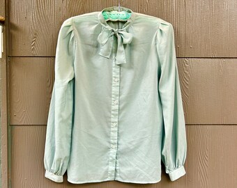 Vintage 70s Mint Green Bow Tie Neck Courtesan Top sz S