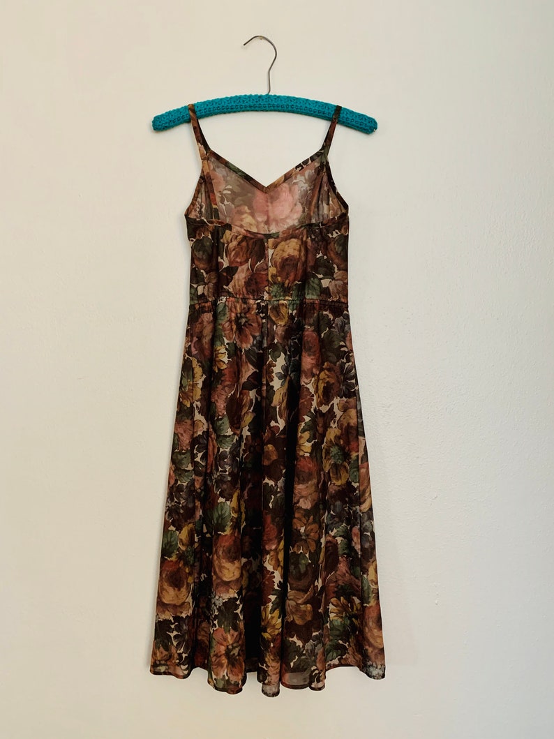 Vintage 70s Dark Floral PHASE II Folk Dress sz S M Sheer Photo Print Midi Dress Fairy Prairie Slip Dress Boho Disco Fantasy