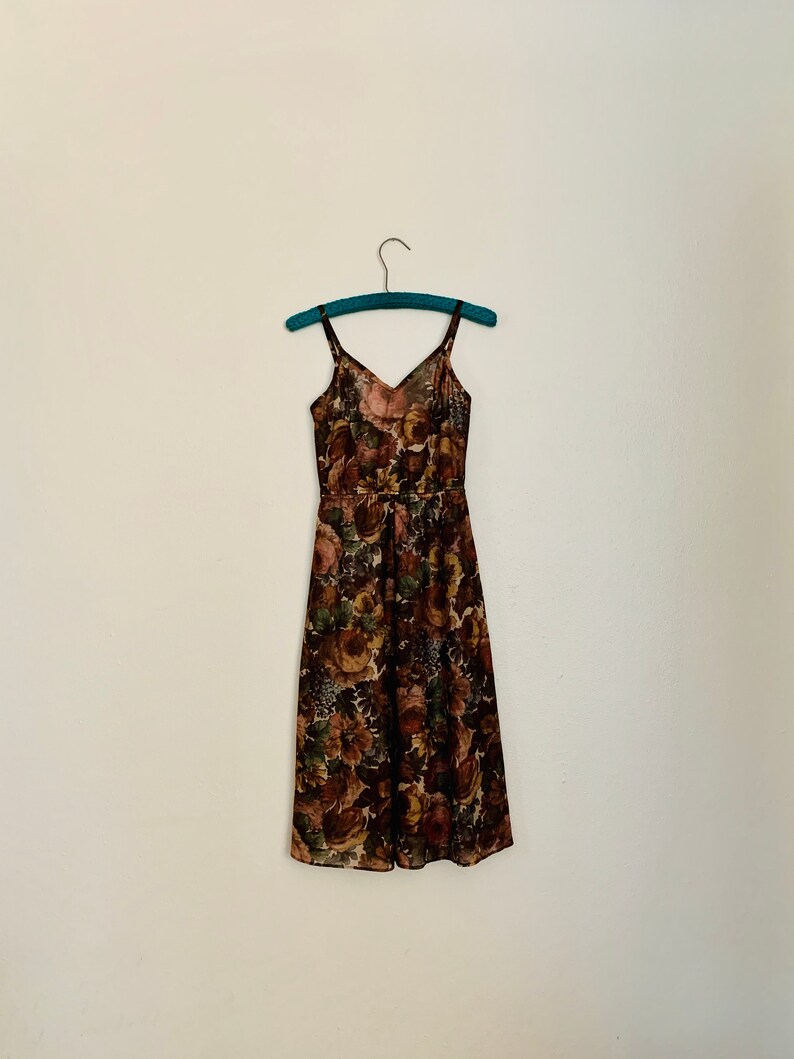 Vintage 70s Dark Floral PHASE II Folk Dress sz S M Sheer Photo Print Midi Dress Fairy Prairie Slip Dress Boho Disco Fantasy