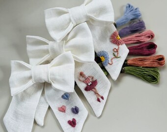 White Linen Bow embroidered