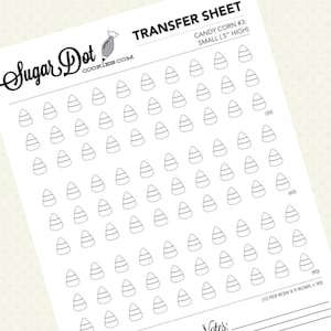 Puede incluir: Hoja de transferencia imprimible con 90 contornos de pequeñas formas de maíz dulce, cada una de 1,25 cm de alto. La hoja está etiquetada como "Candy Corn #3: Pequeño (1,25 cm de alto)" e incluye el texto "Sugar Dot Cookies.com".
