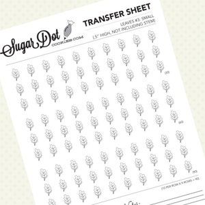 Pode incluir: Uma folha de transferência imprimível com 90 desenhos de folhas pequenas, cada uma medindo 1,25 cm de altura, sem incluir o caule. A folha é etiquetada como "Folhas #3: Pequenas" e "(10 por linha x 9 linhas = 90)".