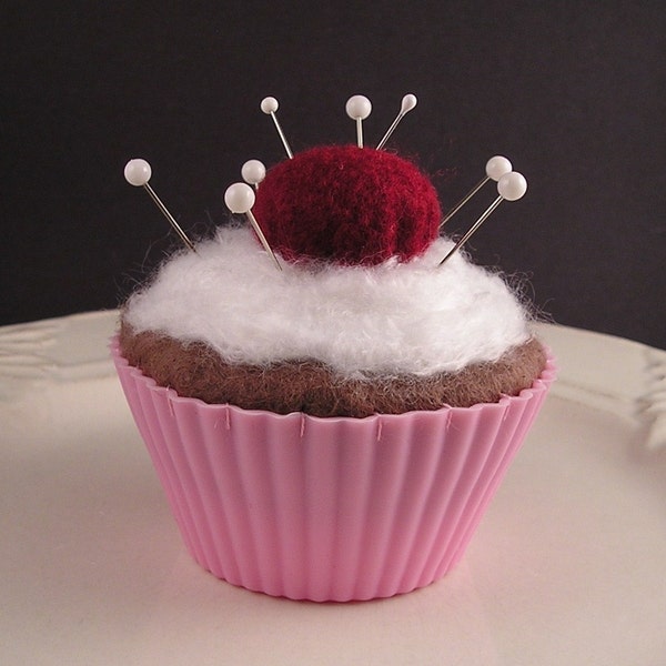 Pincushion - Chocolate Cupcake with Emery Cherry in Pink Liner