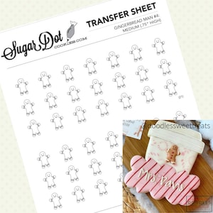 Può includere: Un foglio di trasferimento stampabile con 21 sagome di gingerbread man, ciascuna alta 1,9 cm. Il foglio è intitolato "Gingerbread Man #4: Medium (.75" High)" e fa parte del marchio Sugar Dot Cookies.com.