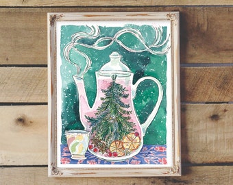 Christmas Solstice Teapot - Art Print 8X10