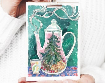 Christmas Teapot - Solstice Tea - Christmas Flat Card - Art Print 5X7