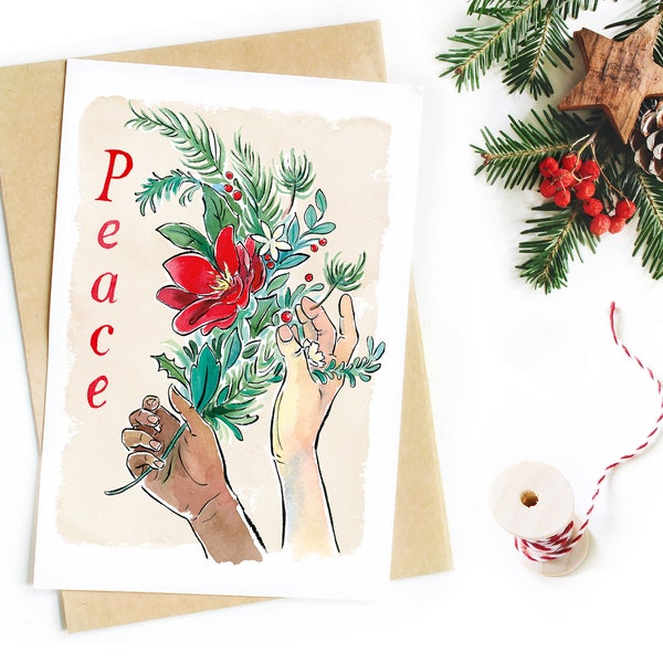 Peace Hands Equality Christmas Art Card - Non-denominational Holiday Card - Empathy - Social Justice