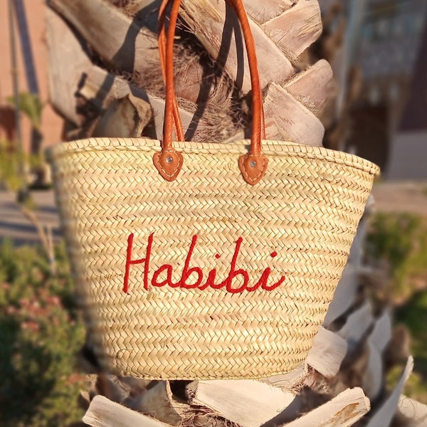 Personalized braided straw bag with leather handles