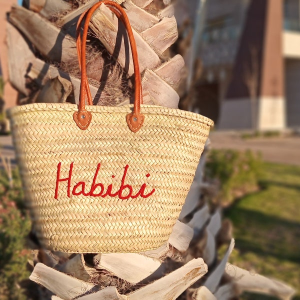 Personalized braided straw bag with leather handles