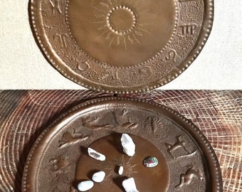 Symbols and signs of the Zodiac Folk Art copper Tray and wall hanging mid century astrology set signed 1950