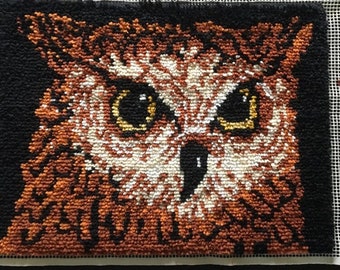 Vintage owl Latch Hook Shag Rug Banner Homemade 1970s 19”x 26”