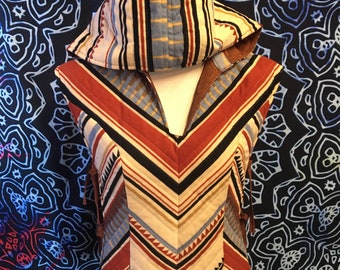 Vintage Poncho vest with hood 70s velvet quilted geometric tribal print