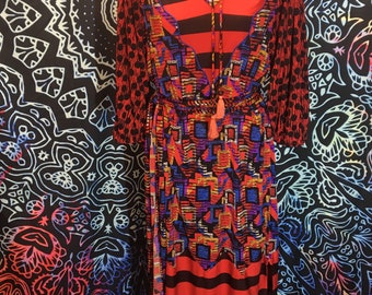Vintage Diane Freis Silk Maxi Dress With Scarf Chevron Polka Dot Geometric XL