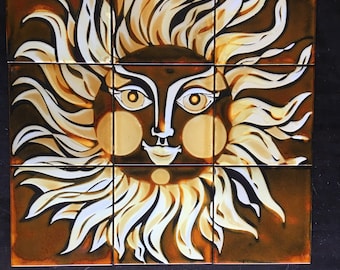 Pilkington Tile Sun Set 1970’s 18x18 Square Tile Set Of 9 Groovy Zodiac Sun Sign