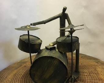 Drummer sculpture Mid century Drum Kit Art player metal drum drummer boy