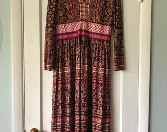 Vintage 1960s Mod Floral Dress, Browns Geometric Print (Large XL)