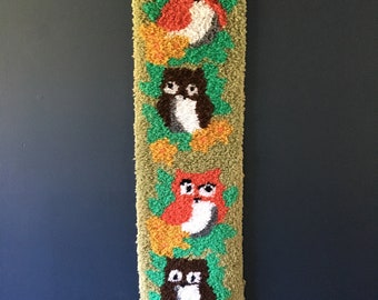 Owls in flowers vintage latch hook wall hanging 1970s decor