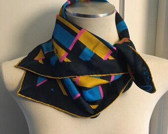 Vera Neumann Silk Scarf Hand Rolled Made in Japan Vintage Geometric Blue Gold