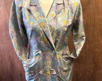 Vintage 80s Sz 6 Jim Thompson Thai Silk dress Jacket pastels button up duster