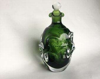 Vintage Aseda Glasbruk Thick/Heavy Sweden Seda Emerald/Forest Green Hand Blown Cased Art Glass Clear Decanter Designer Bo Borgstrom