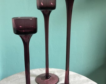 Trio Wedgewood purple glass vintage candle holders