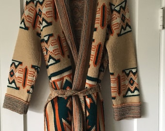 VTG 70s Sabra Wintuk Women's Belted Cardigan Sweater Aztec Southwest BOHO M/L