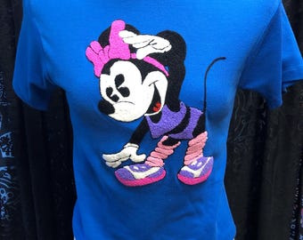 Vintage Disney Minnie Mouse T-Shirt XS Small Blue Embroidered Chenille Workout