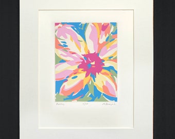 Limited edition unframed matted floral screen print titled "Bursting" by Michael Cherepak