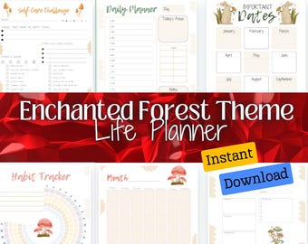 Può includere: Pagine di pianificatore stampabili con un tema di foresta incantata. Le pagine includono una sfida di auto-cura, un pianificatore giornaliero, date importanti, un tracker delle abitudini e un calendario mensile. Le pagine presentano illustrazioni di funghi e altri elementi della foresta.