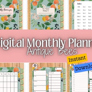 Könnte beinhalten: Ein digitaler Monats-Planer mit einem blauen und grünen floralen Design mit Orangen, Blättern und Bienen. Der Planer enthält einen Monatskalender, einen Wochenplaner und To-Do-Listen-Seiten. Der Text "Digital Monthly Planner Antique Bees" wird in einem Banner oben im Bild angezeigt.