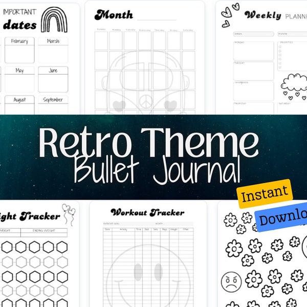 Retro Theme Print and Color Bullet Journal PDF