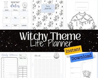 May include: A printable witchy themed life planner with sections for daily, monthly, and important dates. The planner features a black and white design with moons, crystals, and stars.