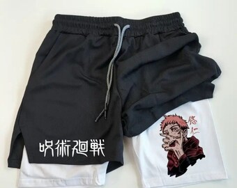 Anime Jujutsu Kaisen Pantalones cortos de gimnasio de compresión 2 en 1 de secado rápido