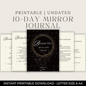 Könnte beinhalten: Ein Stapel druckbarer Journale mit dem Titel "Become Her Mirror Work Journal". Das Cover ist schwarz mit goldenen Akzenten und einem kreisförmigen Design. Die Journale sind undatiert und für einen Zeitraum von 10 Tagen konzipiert.