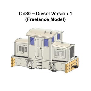 May include: A light gray model train locomotive with a rounded roof and rectangular body. The model has blue window frames and a yellow base. Text at the top reads "On30 - Diesel Version 1 (Freelance Model)".