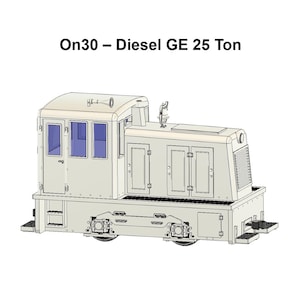 May include: A model of a beige diesel locomotive, the GE 25 Ton, with the text "On30 - Diesel GE 25 Ton" above it. The locomotive has a cab with windows, doors, and a detailed undercarriage. It is set against a white background.