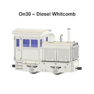 Könnte beinhalten: Ein Modell einer On30 Diesel Whitcomb Lokomotive, in hellem Grau dargestellt. Das Modell weist ein detailliertes Design mit Fenstern, einem Dach und einem Frontgrill auf. Der Text "On30 - Diesel Whitcomb" wird über dem Modell angezeigt.