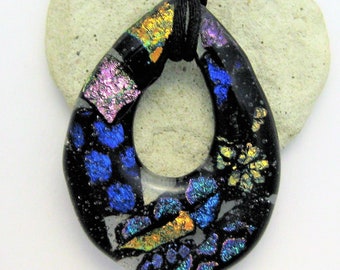 Awesome Black Dichroic Cast Glass Pendant with Black Cord