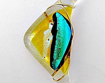 Fused Dichroic Glass Pendant - Yellow and Aqua Pendant