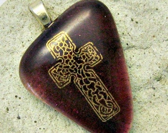 Fused Glass Pendant - Gold Cross Pendant