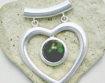 Silver Heart Green Yellow Glass Pendant Fused Glass Jewelry