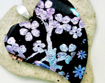 Fused Glass Jewelry / Heart Shaped Pendant / Pink and Blue Flowers