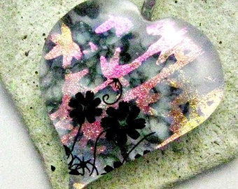 Black Flowers with Pink Dichroic Bamboo Fused Glass Pendant