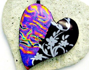 Dichroic and Fuschsia with White Flowers Fused Glass Heart Shaped Pendant