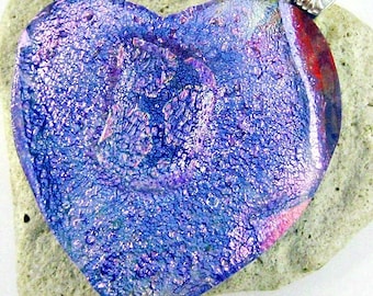 Magenta Blue Dichroic Heart Fused Glass Pendant